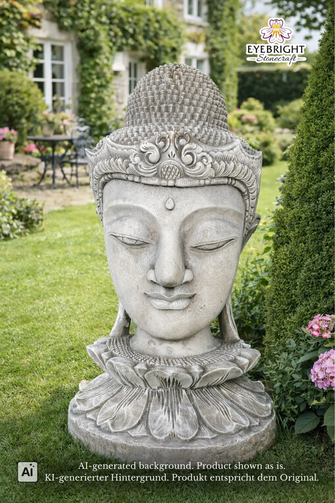  Product image 1 of the product “Champa - Buddha Head on Lotus bud, 51cm H | cast stone ”